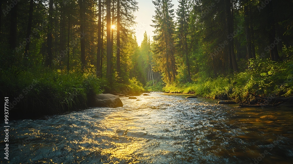 Obraz premium Sun rays illuminate a tranquil river flowing through a dense forest.