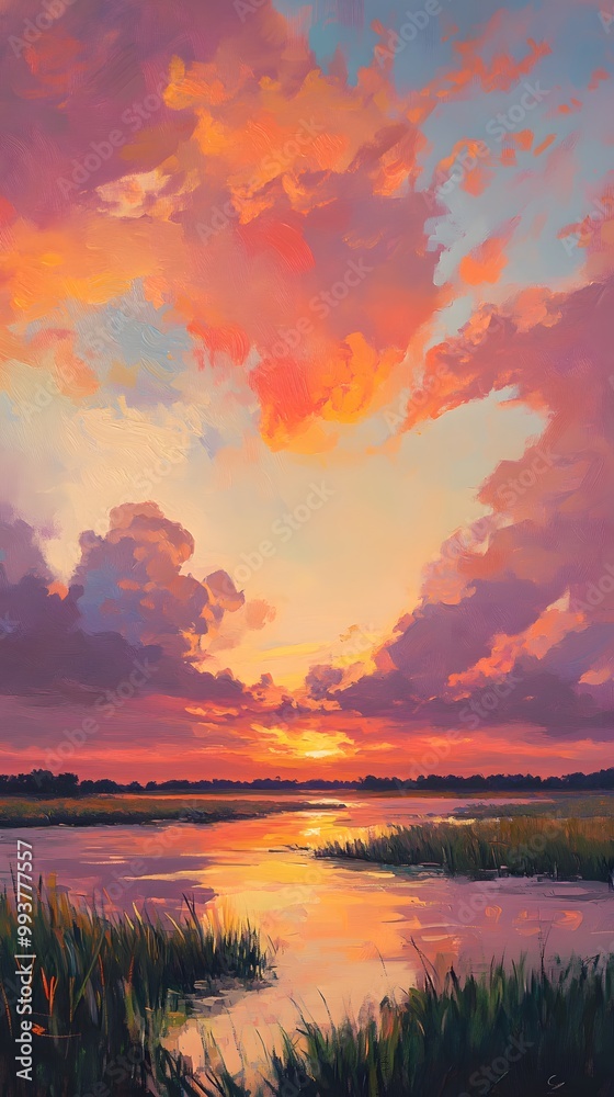 A painting of the sunset over a marsh, with pink and orange clouds in the sky A painting of the sunset over a marsh, with pink and orange clouds in the sky