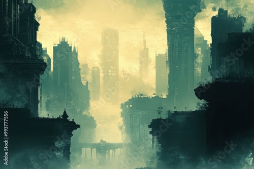 Silhouetted Cityscape in a Misty, Yellow-Tinted Fog