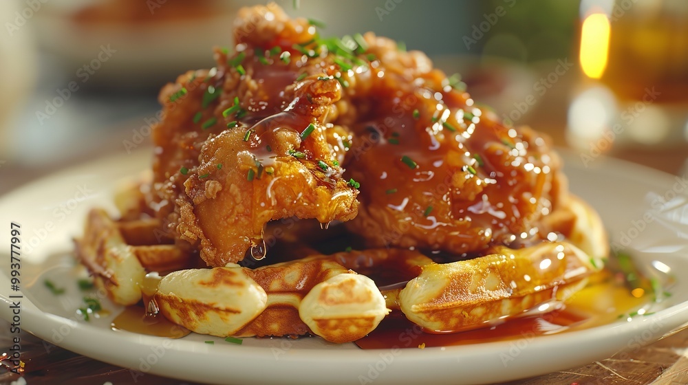 Gourmet chicken and waffles with syrup Gourmet chicken and waffles with syrup