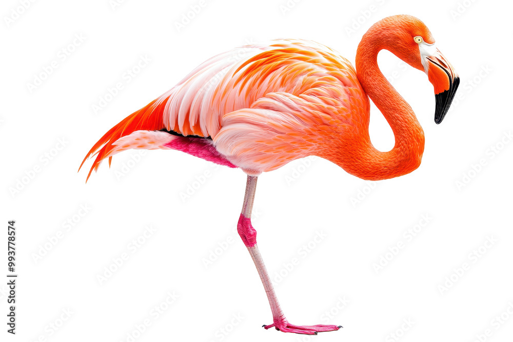 Fototapeta premium A vibrant pink flamingo posing gracefully with one leg raised, showcasing its stunning feathers and unique elegance, transparent background.
