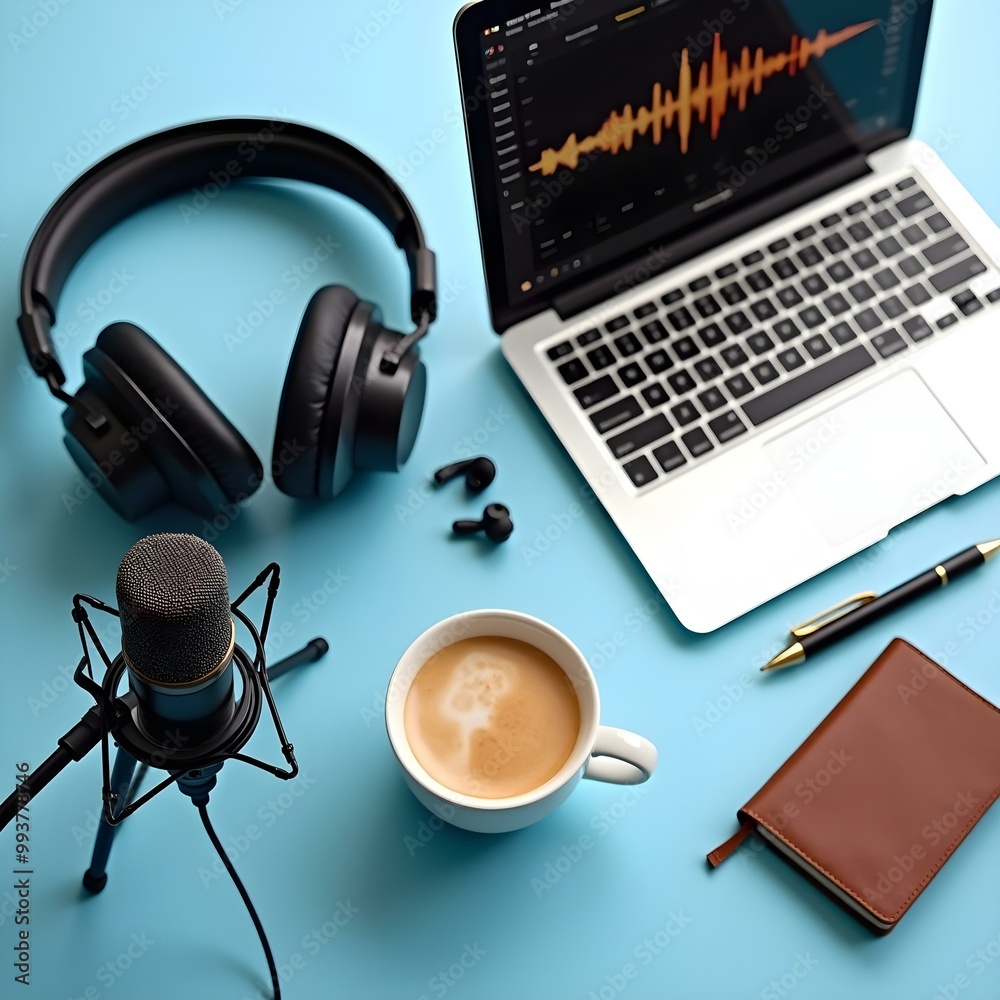 Stylish Minimalist Workspace Flat Lay: Noise-Canceling Headphones, Podcast Microphone, and Cappuccino with Laptop Displaying Audio Waveform Stylish Minimalist Workspace Flat Lay: Noise-Canceling Headphones, Podcast Microphone, and Cappuccino with Laptop Displaying Audio Waveform
