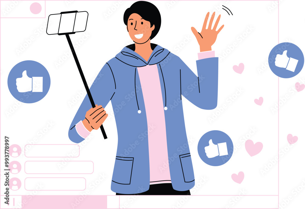 A cheerful influencer in a blue hoodie taking a selfie for social media engagement. A cheerful influencer in a blue hoodie taking a selfie for social media engagement.