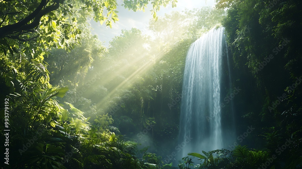 Sunbeams illuminate a waterfall cascading through lush tropical rainforest. Sunbeams illuminate a waterfall cascading through lush tropical rainforest.