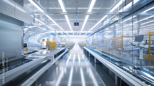 Futuristic factory interior showcasing automated conveyor belt systems and advanced robotic machinery.