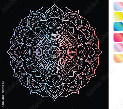 a colorful mandala with a pink and purple design on it.
