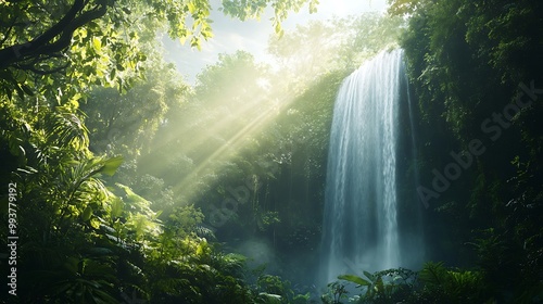 Sunbeams illuminate a waterfall cascading through lush tropical rainforest.