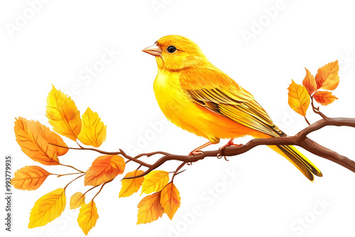 yellow bird perched on an autumn branch with orange leaves isolated on white or transparent png