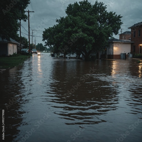 Flood emergency in city streets with vehicles and infrastructure caught in severe rainstorm