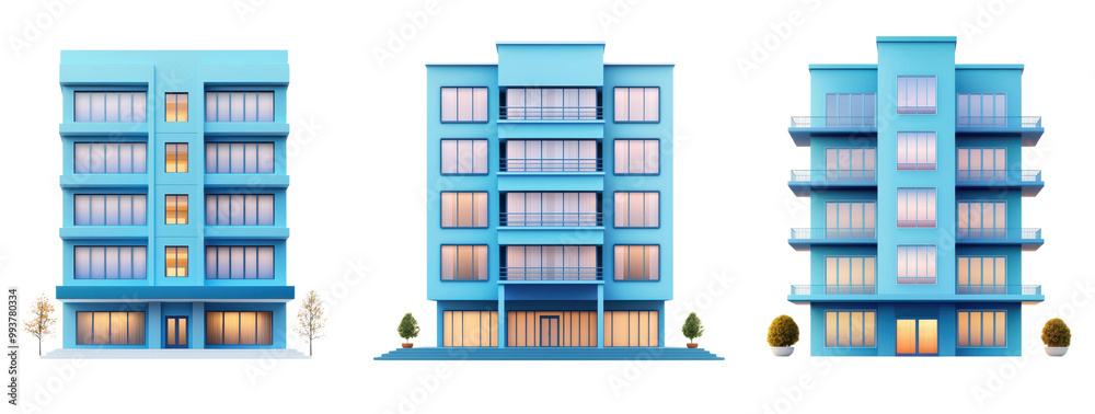 Three modern blue buildings with large windows and inviting entrances, showcasing contemporary architectural design, transparent background. Three modern blue buildings with large windows and inviting entrances, showcasing contemporary architectural design, transparent background.