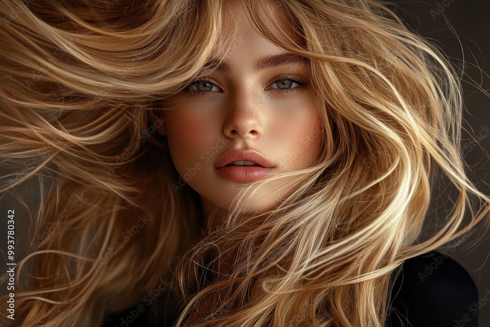 Glamorous Portrait of Woman with Flowing Blonde Hair in Motion
Glamorous Portrait of Woman with Flowing Blonde Hair in Motion