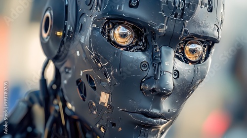 Captivating close up photograph showcasing the intricate details and bold metallic textures of a futuristic robotic head