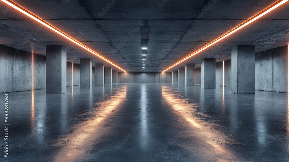 Fototapeta premium Concrete Corridor with Orange Neon Lights 3D Illustration