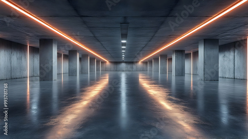 Concrete Corridor with Orange Neon Lights 3D Illustration