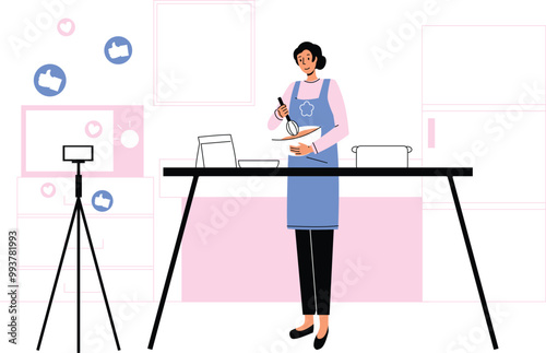 A content creator streaming a cooking show live, interacting with followers and comments.