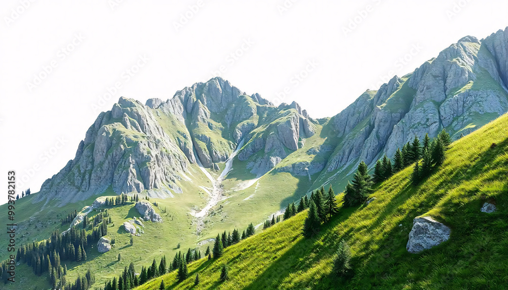 Fototapeta premium 3D mountain with green grass and forest landscape, mountain isolated on white background