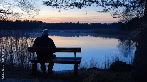 Man Contemplating Sunset by the Lake