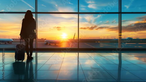 Silhouette of a man walking in the airport as the plane takes off during sunset