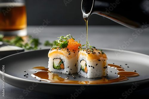 Close-up shot of a sushi piece drizzled with sauce, photographed at a 45-degree angle with a Nikon Z6, f3.5, featuring a sophisticated and mi4 photo