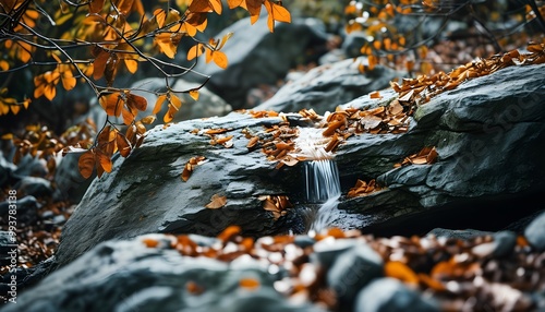 Dry leaves atop teak rocks with a cascading view in a serene natural setting