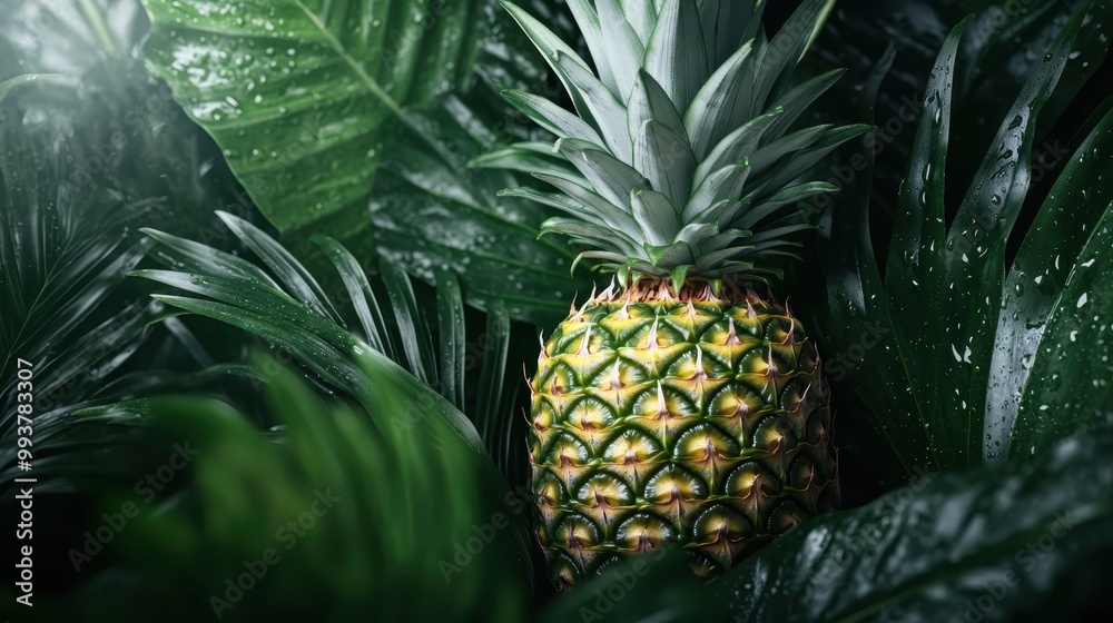 Fototapeta premium A detailed image of a ripe pineapple nestled among vibrant tropical leaves, with sunlight filtering through, showcasing the freshness and vitality of the tropical environment.
