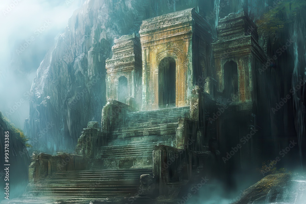 Ancient Stone Temple Entrance in Misty Mountains Ancient Stone Temple Entrance in Misty Mountains