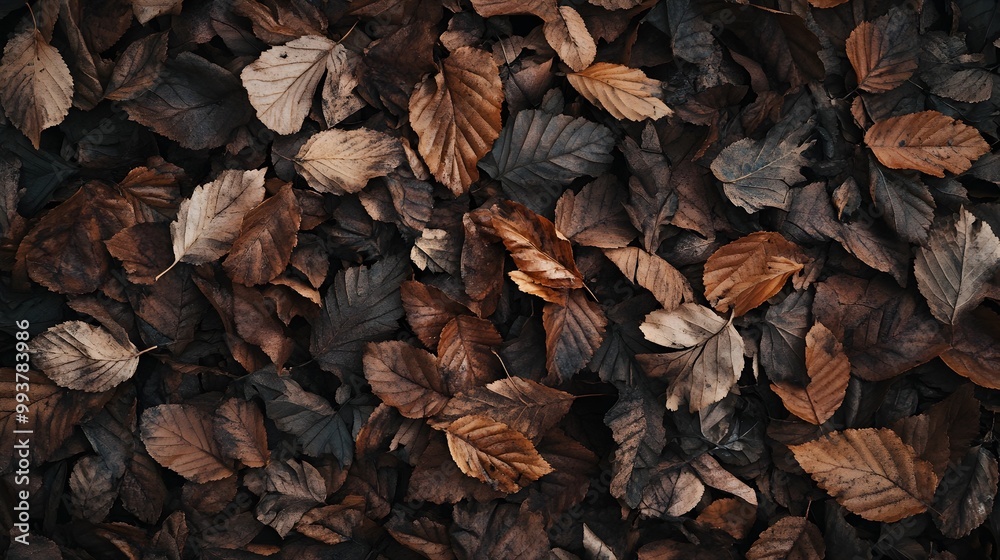 Close up photograph showcasing the intricate textures and warm autumn colors of a bed of dry fallen leaves scattered across the forest floor Close up photograph showcasing the intricate textures and warm autumn colors of a bed of dry fallen leaves scattered across the forest floor