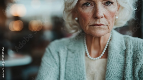 A mature woman with a pearl necklace, sitting solemnly, draped in soft lighting that accentuates her composed demeanor, exuding an aura of dignity and grace.