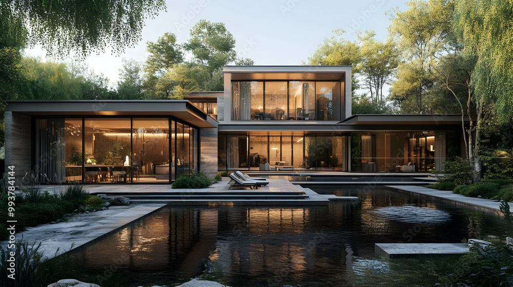 Modern House with Pool in Lush Forest - 3D Illustration Modern House with Pool in Lush Forest - 3D Illustration