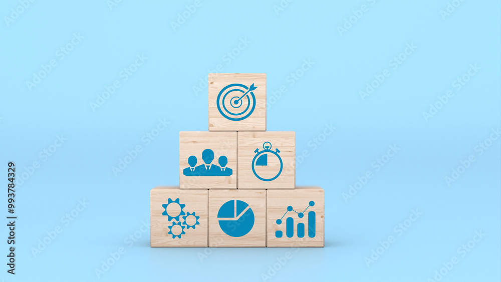 Obraz premium Pyramid of wooden blocks with business icons on a blue background. 3D rendering