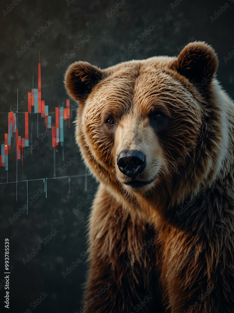 Bear holding a sign with a falling stock chart. Bear holding a sign with a falling stock chart.