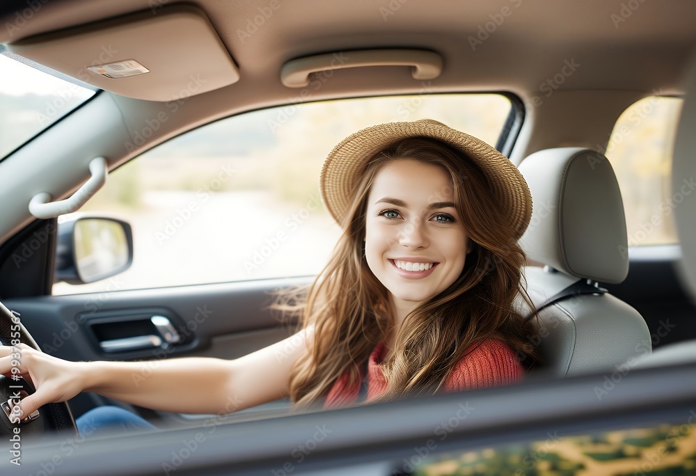 Young woman in the car on nature adventure Young woman in the car on nature adventure