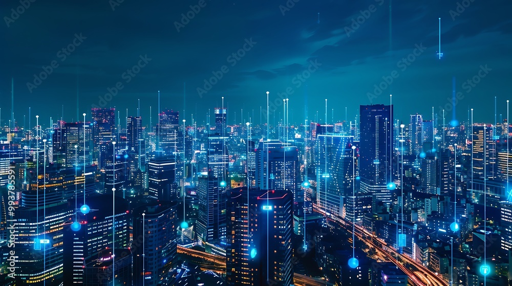 Vibrant cityscape at night with neon lights and digital network connections. Vibrant cityscape at night with neon lights and digital network connections.