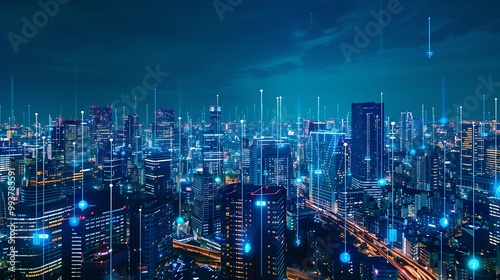 Obraz na płótnie Vibrant cityscape at night with neon lights and digital network connections. w salonie