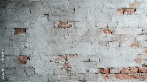 An old whitewashed brick wall with patches of the whitewashing worn away, revealing the red bricks underneath, conveying a sense of age and character in urban settings.