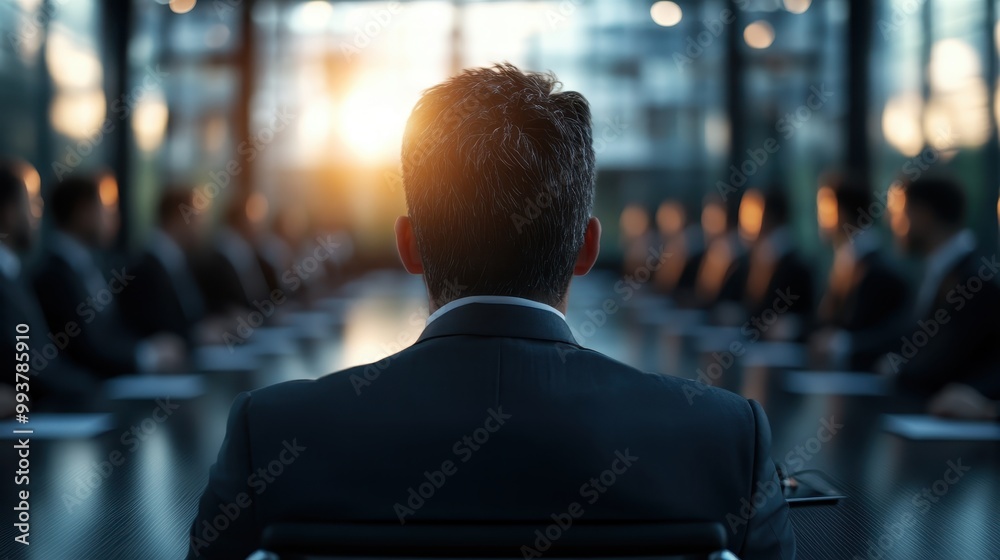 A person in a formal suit sits at the head of a large boardroom table, facing colleagues and a setting sun through glass windows, highlighting a formal business setting. A person in a formal suit sits at the head of a large boardroom table, facing colleagues and a setting sun through glass windows, highlighting a formal business setting.