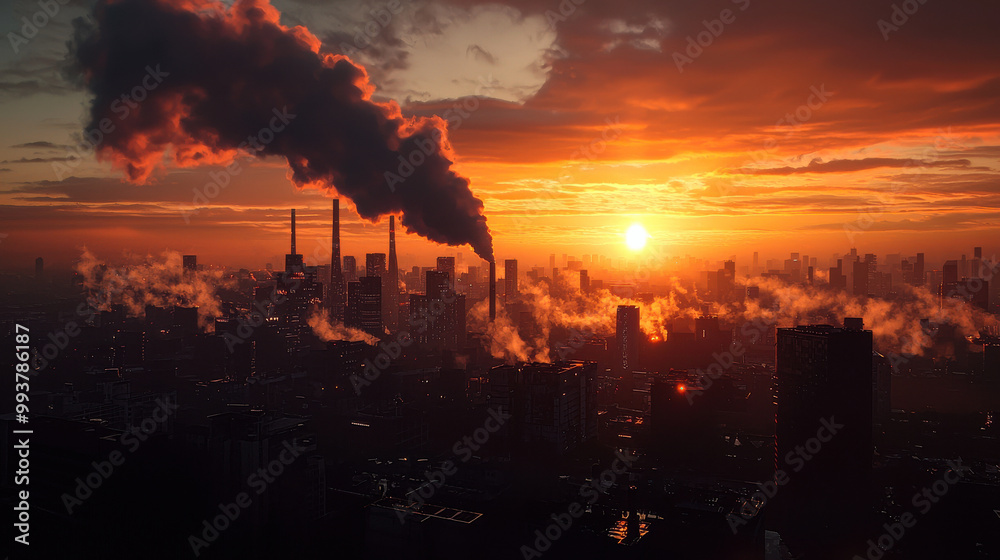 Obraz premium sprawling industrial city skyline at sunset, with smoke billowing from chimneys against vibrant orange sky. scene captures contrast between urban development and natures beauty