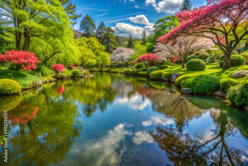 Peaceful reflection in japanese garden with lush green trees and flowers