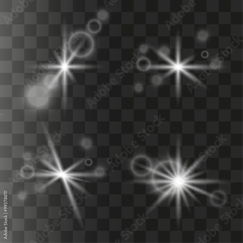  Light effects. Set of white light  effects  isolated on transparent background. Transparent vector sunlight for web design and illustrations.  Lighting effects , beam, sparkle, line, glow, stars.