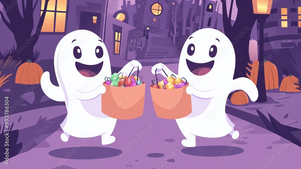 Fototapeta premium Friendly Cartoon Ghosts Trick-or-Treating with Halloween Candy Bags. Smiling Spirits Enjoying a Fun Halloween Night, Collecting Sweets in a Cheerful Purple-Themed Setting. 