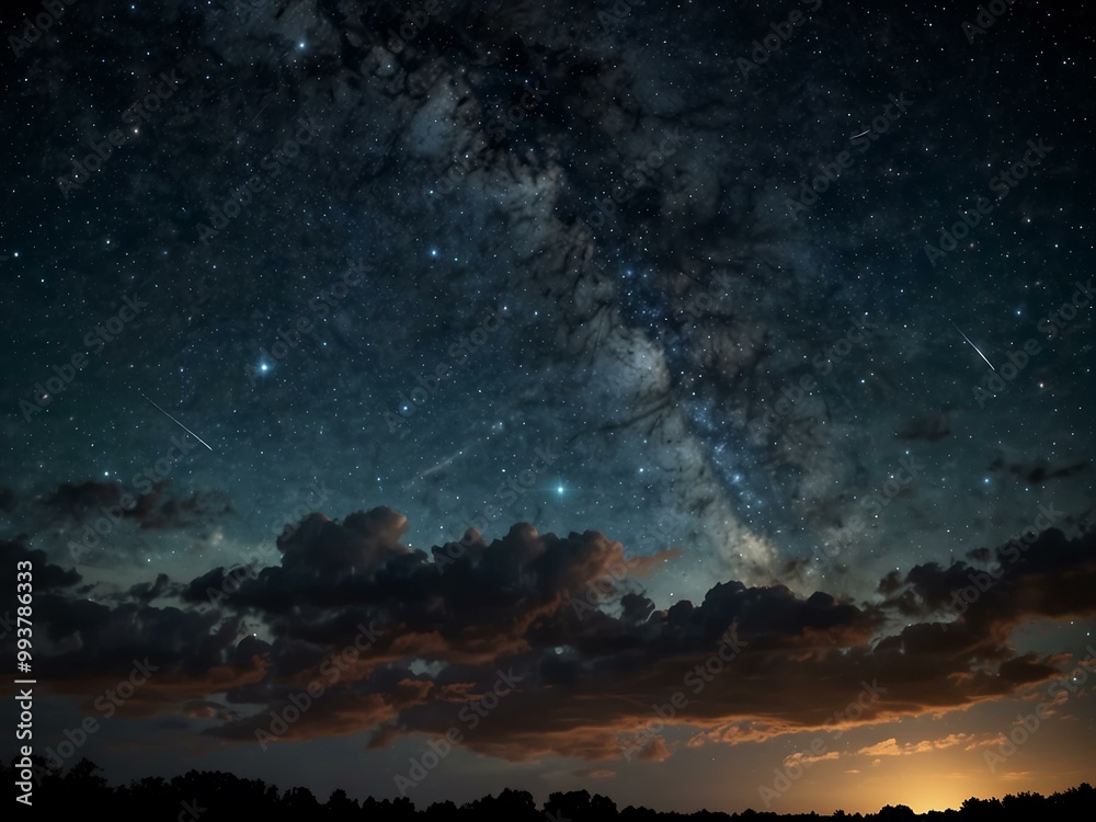 Beautiful starry night sky filled with bright stars and wispy clouds. Beautiful starry night sky filled with bright stars and wispy clouds.
