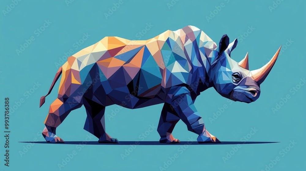 Obraz premium colorful low-poly rhinoceros walking on a blue background in geometric style