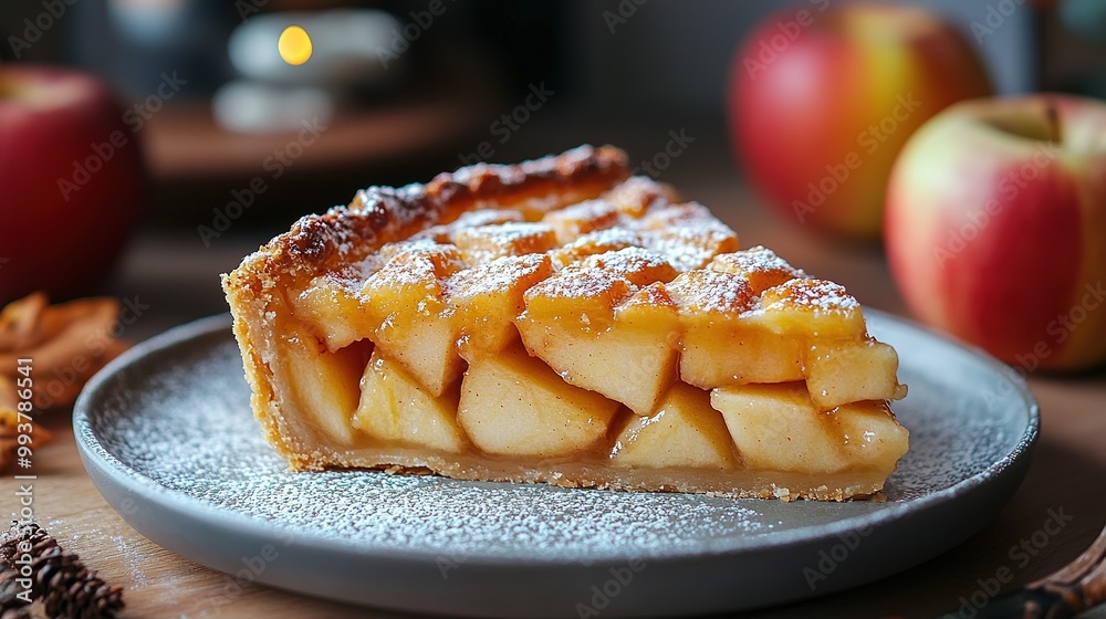 Traditional autumn apple pie. Sweet Thanksgiving dinner, fall seasonal cake with apples, cinnamon, nuts and caramel, with vanilla ice cream scoop ball, on wooden cosy background Traditional autumn apple pie. Sweet Thanksgiving dinner, fall seasonal cake with apples, cinnamon, nuts and caramel, with vanilla ice cream scoop ball, on wooden cosy background
