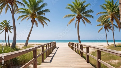 Fototapeta Naklejka Na Ścianę i Meble -  Wooden walkway leading to a beautiful tropical beach with palm trees.