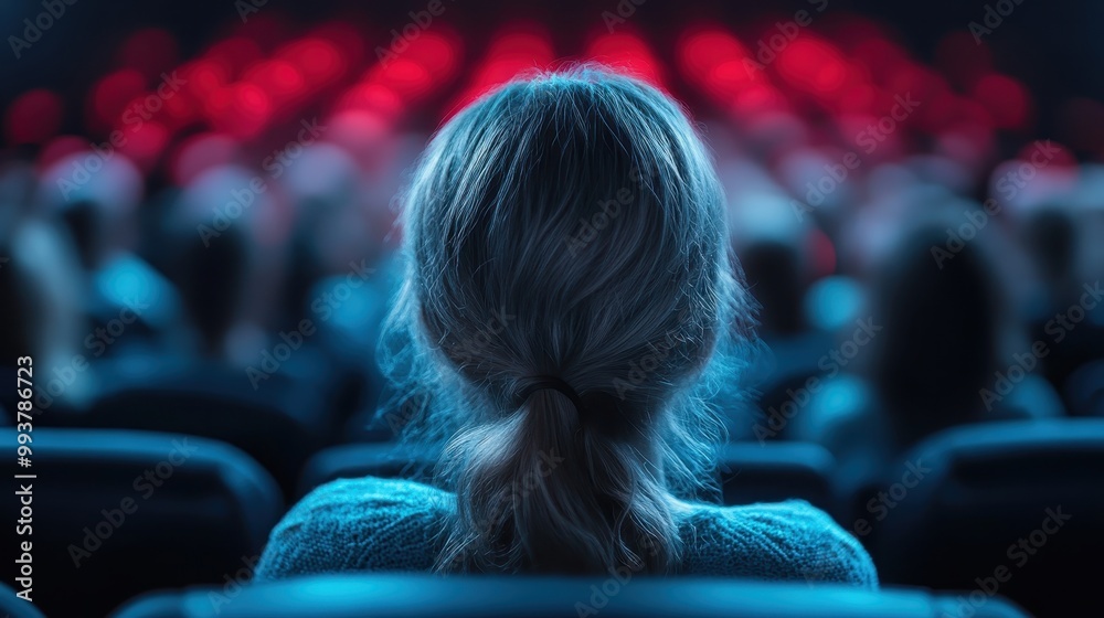 Obraz premium A rear view of a person sitting in an audience watching a show, with the stage lights glowing red, capturing the essence of a captivating performance and audience engagement.