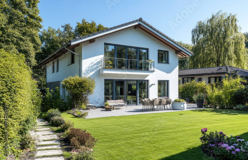 A modern two-story house with a gable roof, white walls, and large windows on the first floor