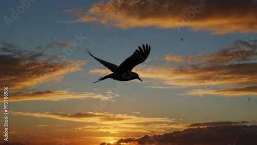 Bird flying towards a sunset.