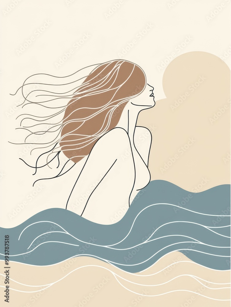 a minimal single line art of a woman with flowing hair turning into waves of the ocean behind her, hand drawn style minimalist line art, beige colors and blue tones, cream-colored background a minimal single line art of a woman with flowing hair turning into waves of the ocean behind her, hand drawn style minimalist line art, beige colors and blue tones, cream-colored background