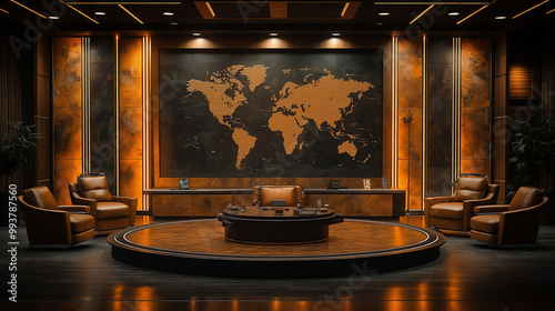 A stylish television news studio features a prominent world map on the wall, decorated by elegant furniture creates an inviting atmosphere for informative discussions and live broadcasts.