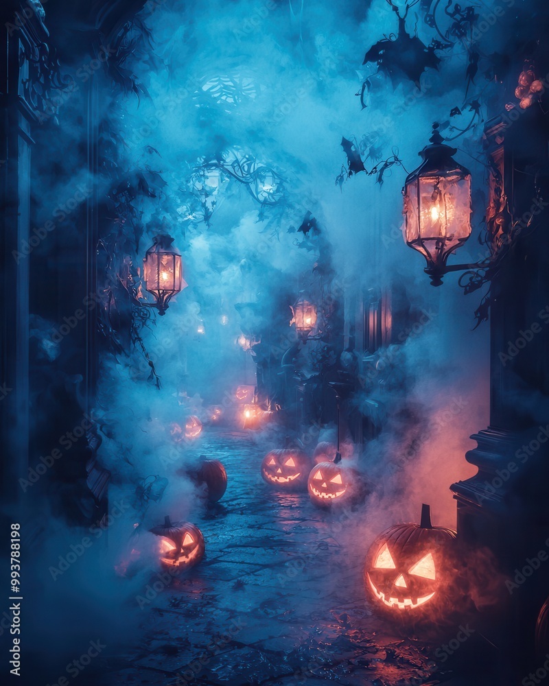 Obraz premium Mysterious Halloween Night with Lanterns and Pumpkins
